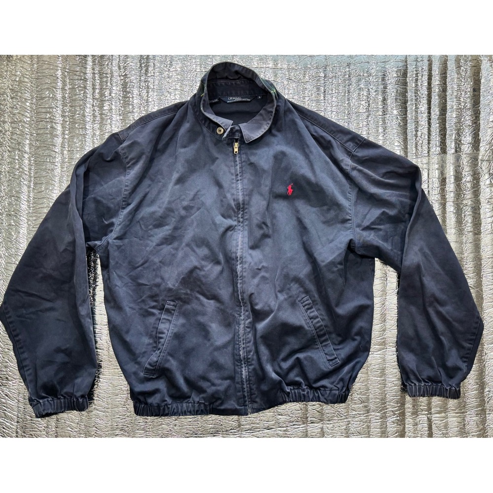 Polo Ralph Lauren Mens Harrington Jacket Navy Blue Cotton Plaid Lined Large